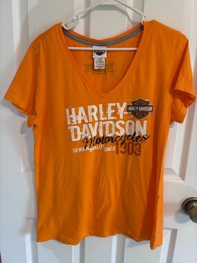 Harley-Davidson Orange V-neck Tee with Gray Trim